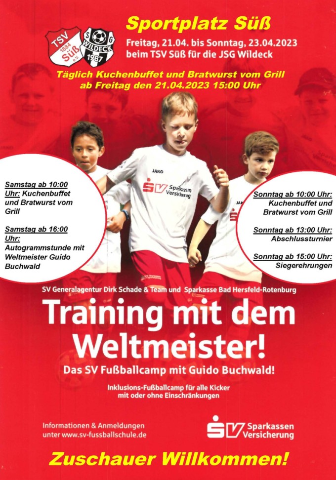 Plakat zum SV Fußballcamp: drei Kinder in Fußballtrikots, viel Text und ein paar Logos